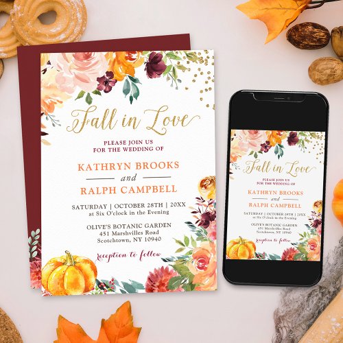 Pumpkin Fall in Love Botanical Floral Gold Wedding Invitation