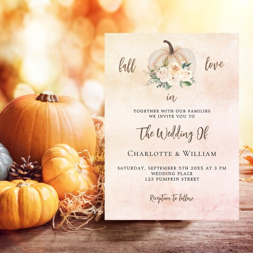 Pumpkin fall in love cream blush luxury wedding invitation