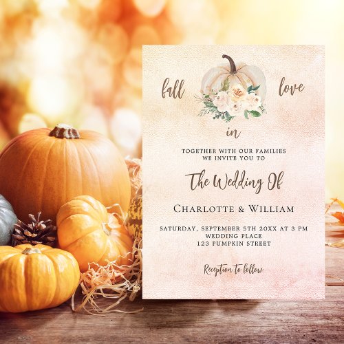 Pumpkin fall in love cream blush wedding invitation postcard