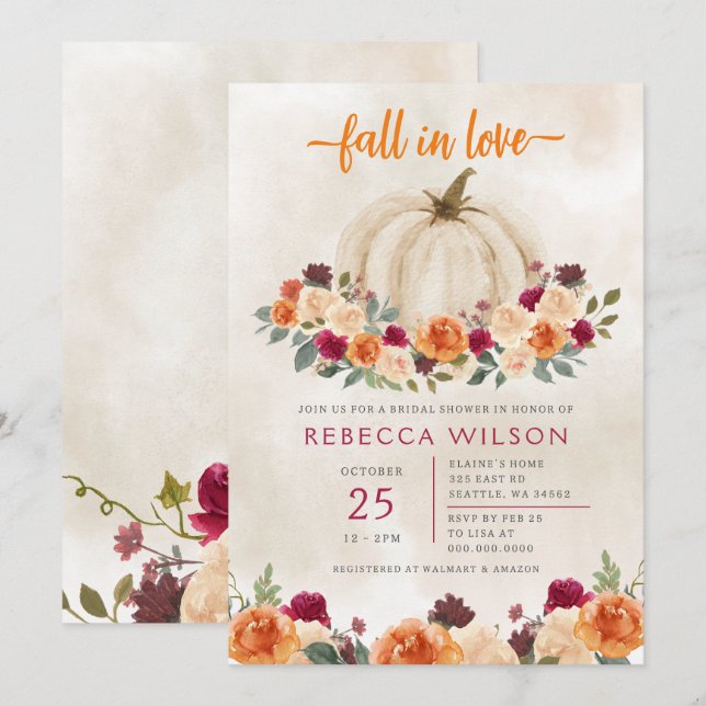 Pumpkin Fall In Love Fall Bridal Shower Invitation (Front/Back)