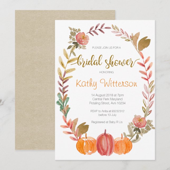 Pumpkin Fall in Love Fall Floral Bridal Shower Invitation (Front/Back)