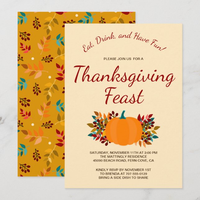 Pumpkin Fall Leaves Colorful Gold Thanksgiving Invitation (Front/Back)
