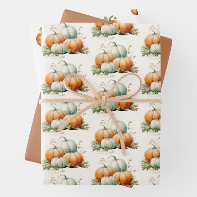 Pumpkin Fall Neutral Baby Shower Wrapping Paper Sheets (In situ)
