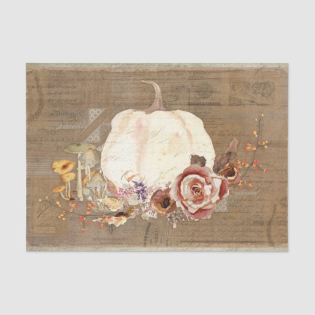 Pumpkin Fall Orange Floral Mushrooms Decoupage Art Tissue Paper (Front)