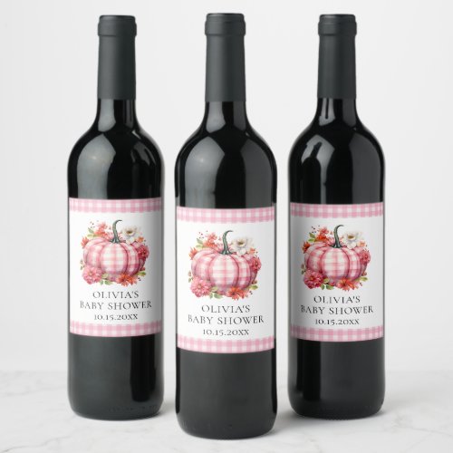 Pumpkin Fall Pink Plaid Baby Shower Wine Label