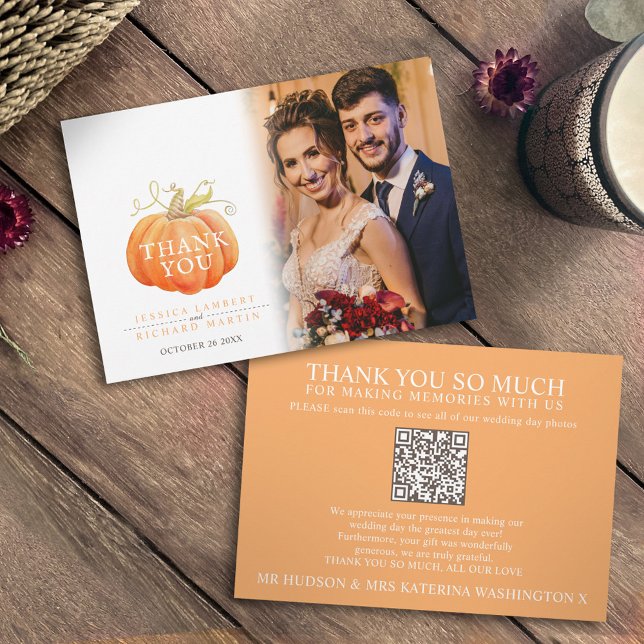 Pumpkin fall wedding photo QR Code Thank You Card (Creator Uploaded)