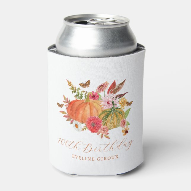 Pumpkin Fall Wildflower Floral 100th Birthday Can Cooler (Can Front)