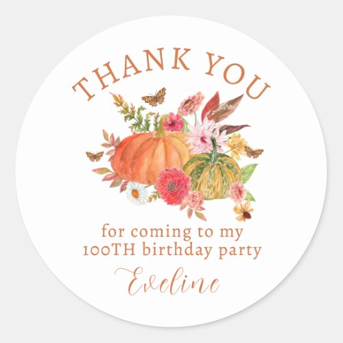 Pumpkin Fall Wildflower Floral 100th Birthday Classic Round Sticker