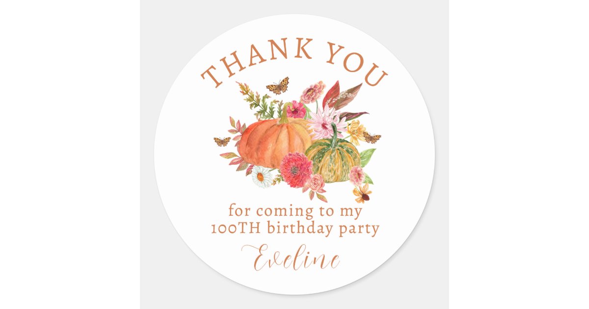 Pumpkin Fall Wildflower Floral 100th Birthday Classic Round Sticker ...