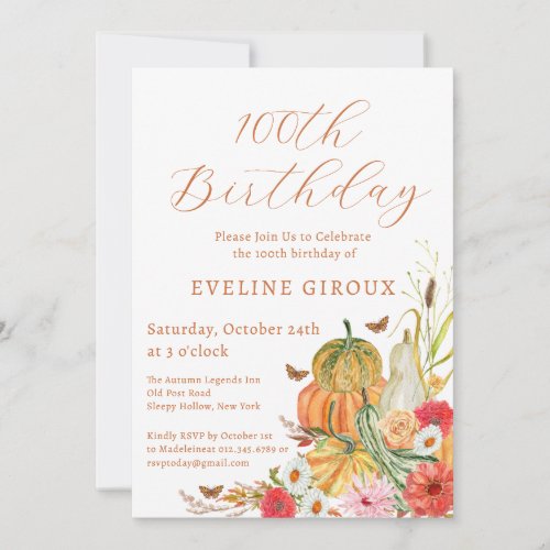 Pumpkin Fall Wildflower Floral 100th Birthday Invitation