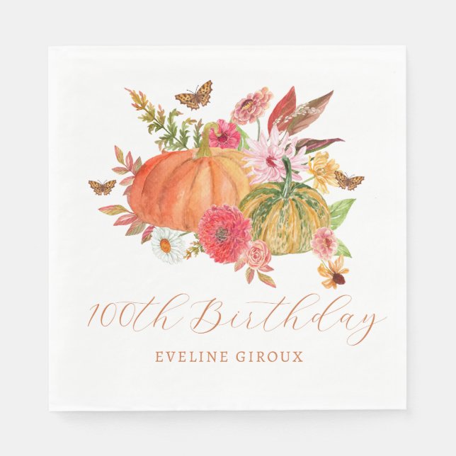 Pumpkin Fall Wildflower Floral 100th Birthday Napkins (Front)
