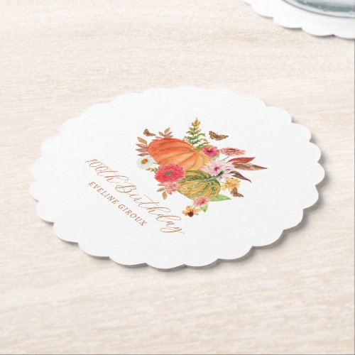 Pumpkin Fall Wildflower Floral 100th Birthday Paper Coaster