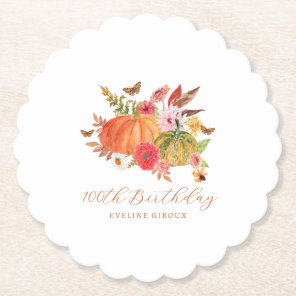 Pumpkin Fall Wildflower Floral 100th Birthday Paper Coaster