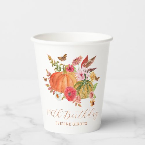 Pumpkin Fall Wildflower Floral 100th Birthday Paper Cups