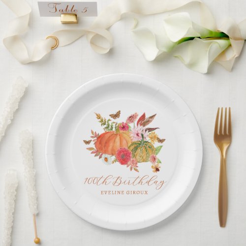 Pumpkin Fall Wildflower Floral 100th Birthday Paper Plates