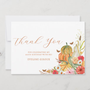Pumpkin Fall Wildflower Floral 100th Birthday Thank You Card