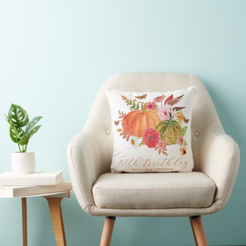 Pumpkin Fall Wildflower Floral 100th Birthday Throw Pillow