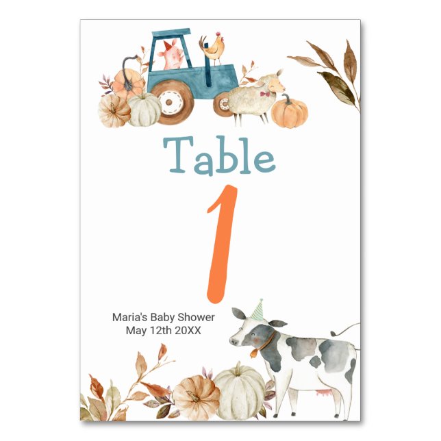 Pumpkin Farm Animal Tractor Floral Table Number (Front)