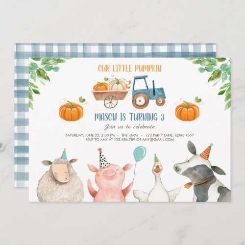 Pumpkin Farm Barnyard Fall Boy Party Birthday Invitation