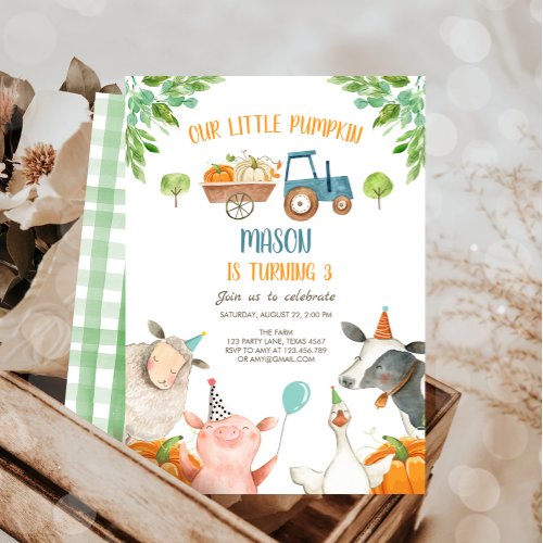 Pumpkin Farm Barnyard Fall Boy Party Birthday Invitation