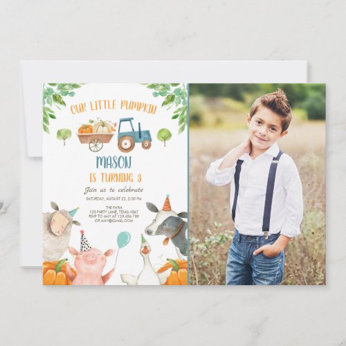 Pumpkin Farm Barnyard Fall Boy Party Birthday Invitation