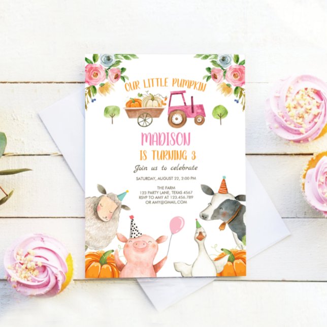 Pumpkin Farm Barnyard Pink Girl Party Birthday Invitation (Creator Uploaded)