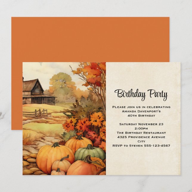 Pumpkin Farm Fall Harvest Autumn Birthday Invitation (Front/Back)