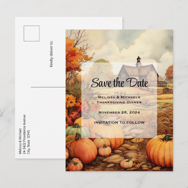 Pumpkin Farm Fall Harvest Thanksgiving Announcement Postcard (Front/Back)