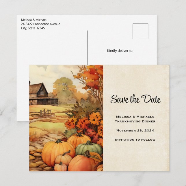Pumpkin Farm Fall Harvest Thanksgiving Announcement Postcard (Front/Back)