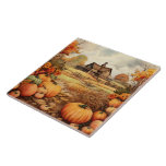 Pumpkin Farm Fall Harvest Thanksgiving Ceramic Tile<br><div class="desc">Ceramic tile with a rustic image featuring lovely orange pumpkins ready to be harvested. An old wooden farmhouse in the background.</div>