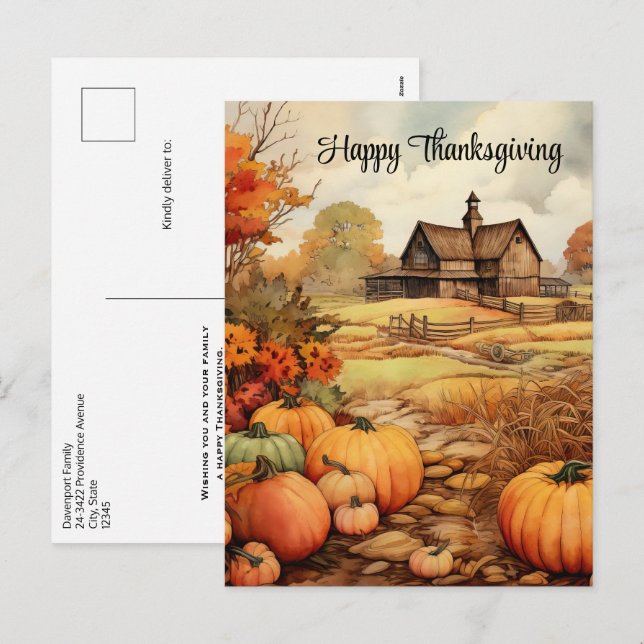 Pumpkin Farm Fall Harvest Thanksgiving Holiday Postcard (Front/Back)