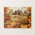 Pumpkin Farm Fall Harvest Thanksgiving Jigsaw Puzzle<br><div class="desc">A puzzle with a rustic image featuring lovely orange pumpkins ready to be harvested. An old wooden farmhouse in the background.</div>