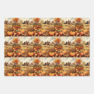 Pumpkin Farm Fall Harvest Thanksgiving Pattern Wrapping Paper Sheets