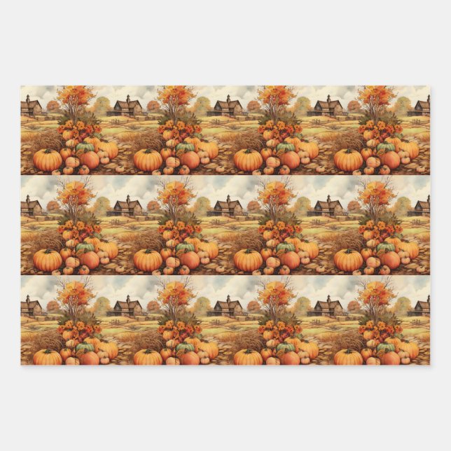 Pumpkin Farm Fall Harvest Thanksgiving Pattern Wrapping Paper Sheets (Front)