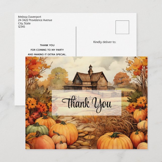 Pumpkin Farm Fall Harvest Thanksgiving Thank You Postcard (Front/Back)