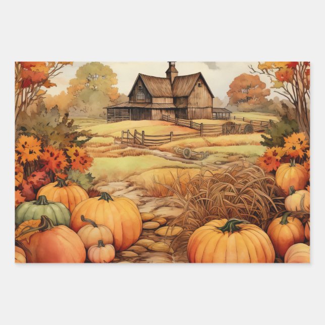Pumpkin Farm Fall Harvest Thanksgiving Wrapping Paper Sheets (Front)