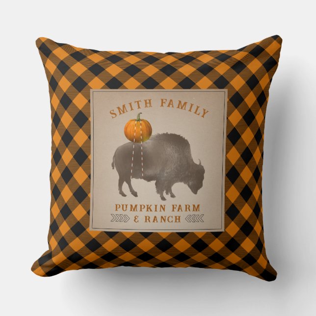 Pumpkin Farm Ranch Bison Buffalo Plaid Throw Throw Pillow (Front)