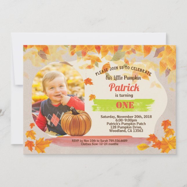Pumpkin first 1st birthday Fall Thanksgiving Invitation (Front)