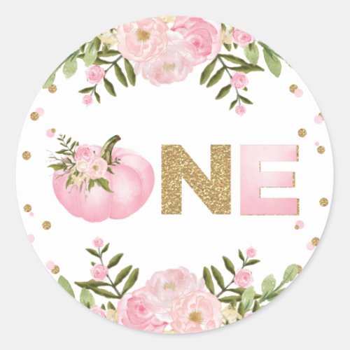 Pumpkin First 1st Birthday Pink Floral Autumn Fall Classic Round Sticker