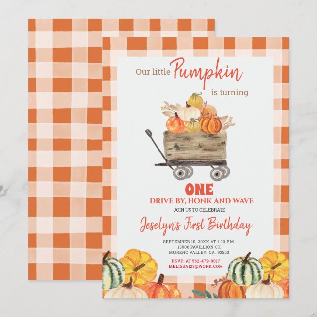 Pumpkin First Birthday Drive By Birthday Invitation (Front/Back)