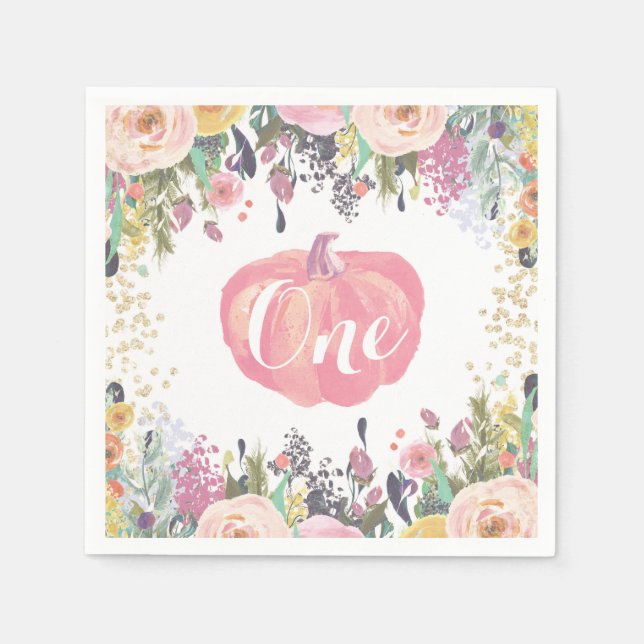 Pumpkin First Birthday Floral Gold Glitter Napkins (Front)