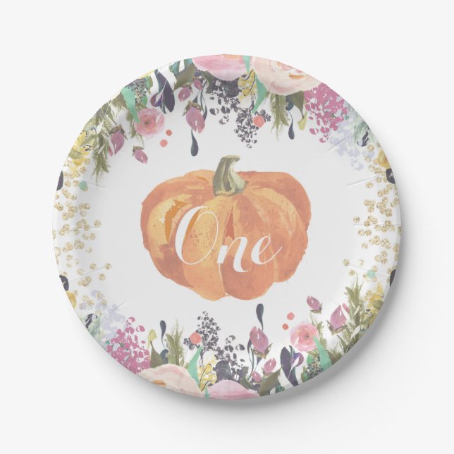 Pumpkin First Birthday Floral Gold Paper Plates (Front)