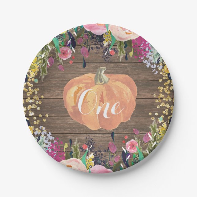 Pumpkin First Birthday Floral Gold Paper Plates (Front)