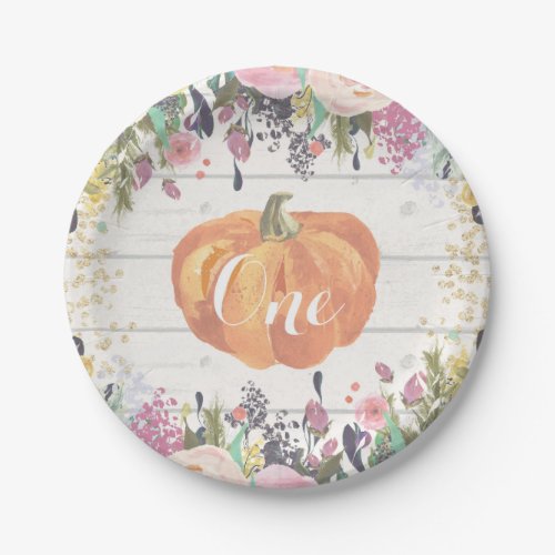 Pumpkin First Birthday Floral Gold Paper Plates