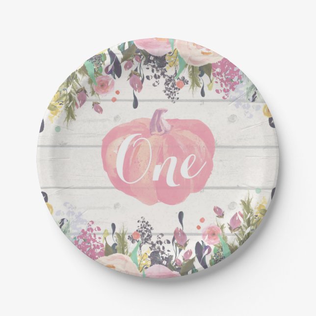 Pumpkin First Birthday Floral Gold Paper Plates (Front)