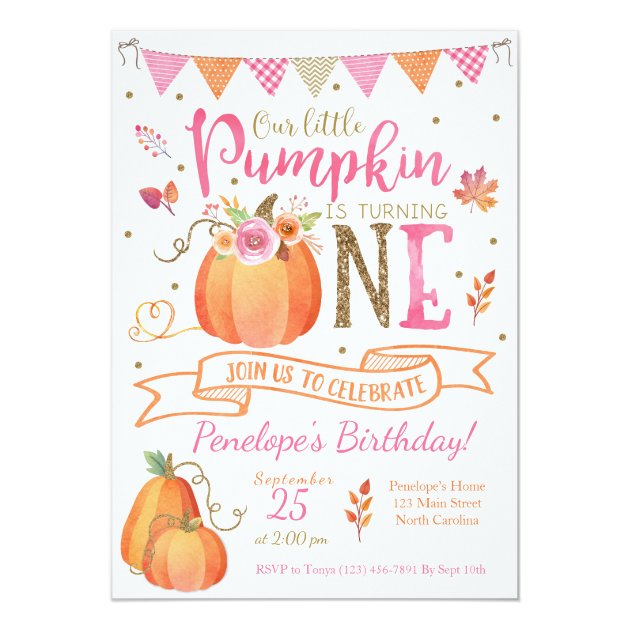 Pumpkin First Birthday Invitation, Autumn Fall Card