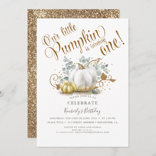 Pumpkin First Birthday Invitation Autumn Fall Gold (Front/Back)
