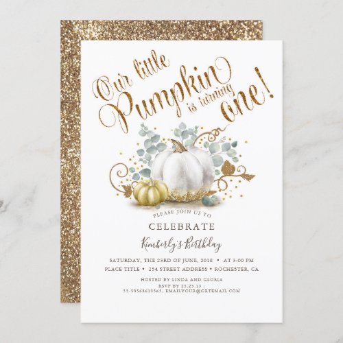 Pumpkin First Birthday Invitation Autumn Fall Gold