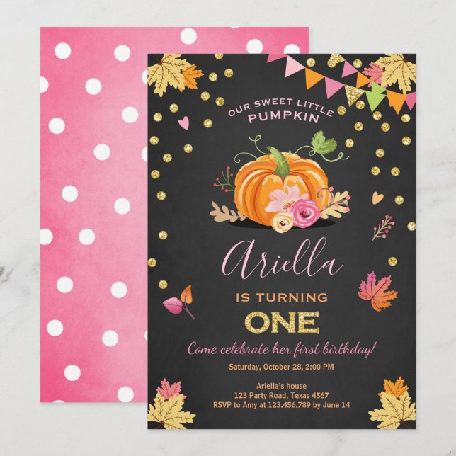 Pumpkin First birthday invitation Autumn Fall Pink (Front/Back)