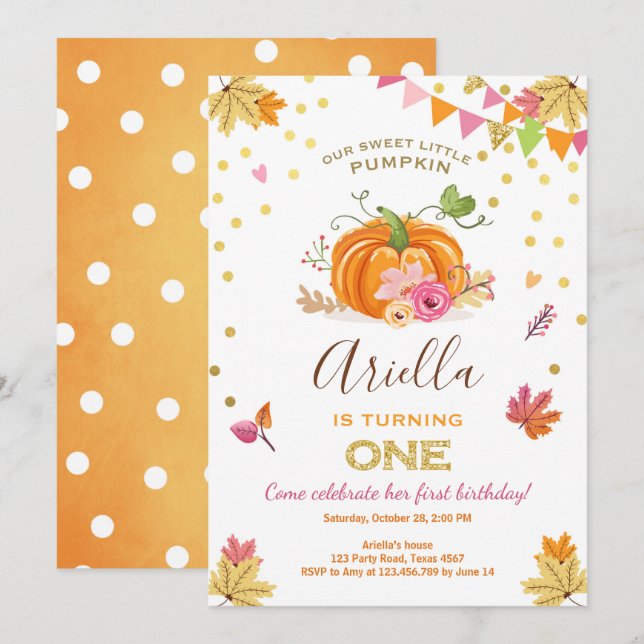 Pumpkin First birthday invitation Autumn Fall Pink (Front/Back)